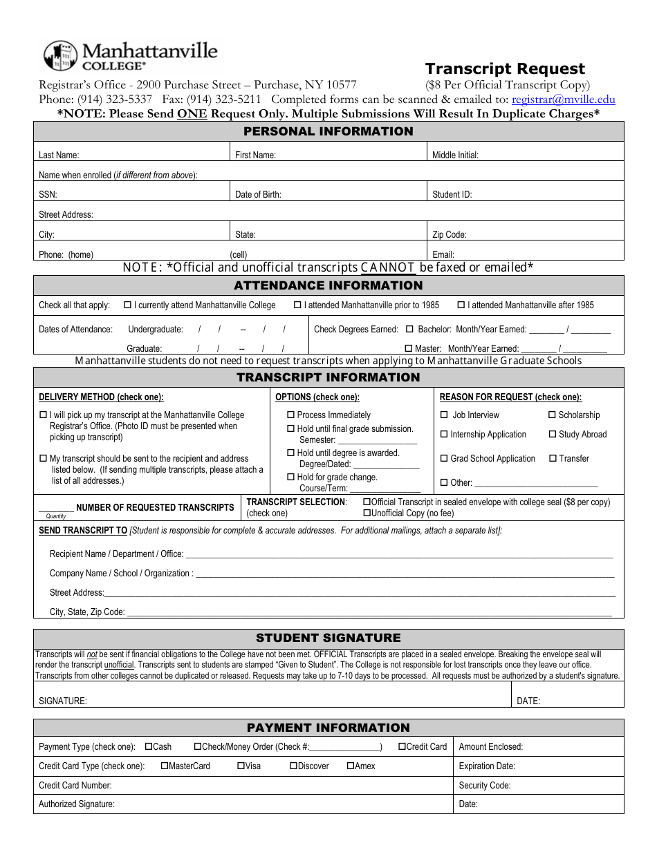 Transcript Request Form - Manhattanville College - New York, Page 1
