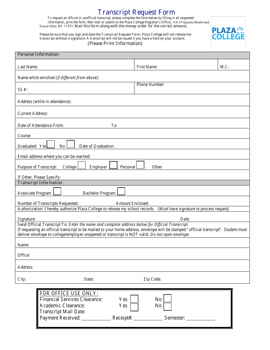 Transcript Request Form - Plaza College - New York, Page 1