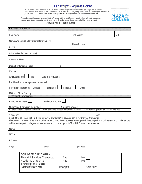 Transcript Request Form - Plaza College - New York