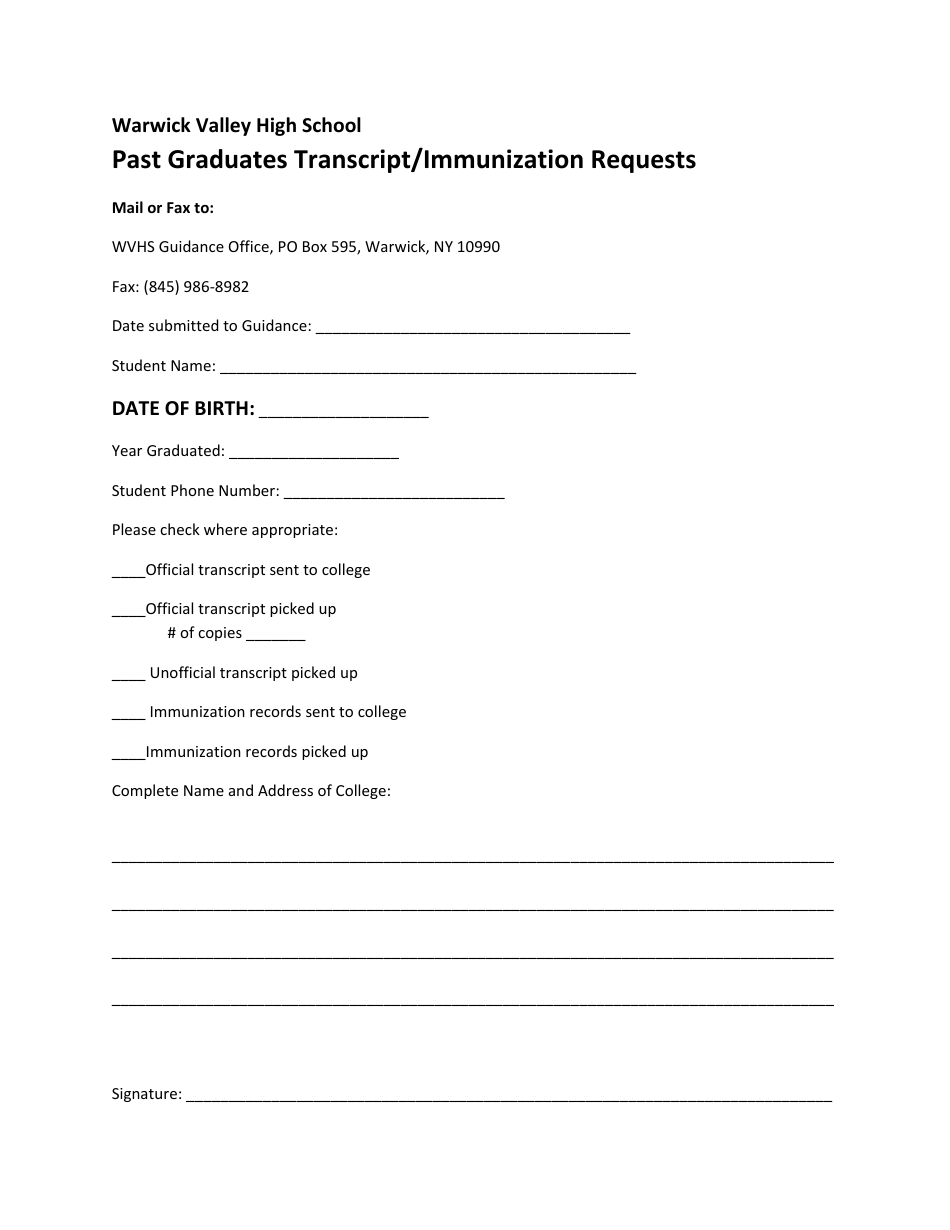 Past Graduate Transcript Immunization Request Form - Warwick Valley High School, Page 1