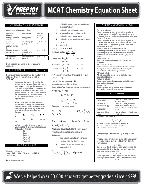 &quot;Mcat Chemistry Equation Sheet - Prep101&quot; Download Pdf