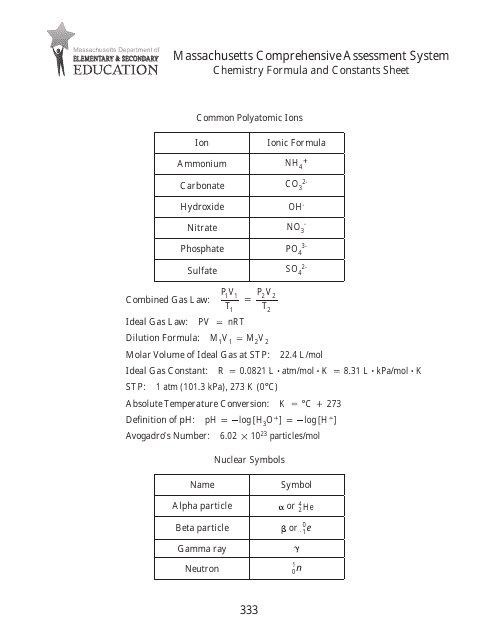 Mcas 2010 Grade 10 Chemistry Formula and Constants Sheet - Massachusetts Comprehensive Assessment System - Massachusetts