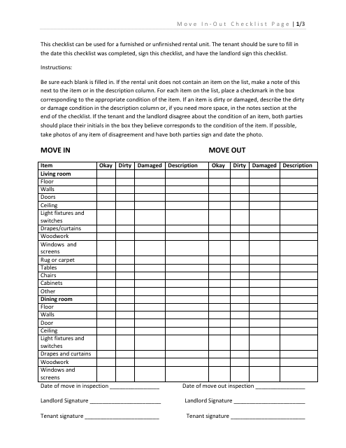 &quot;Move In-Out Checklist Template&quot; Download Pdf