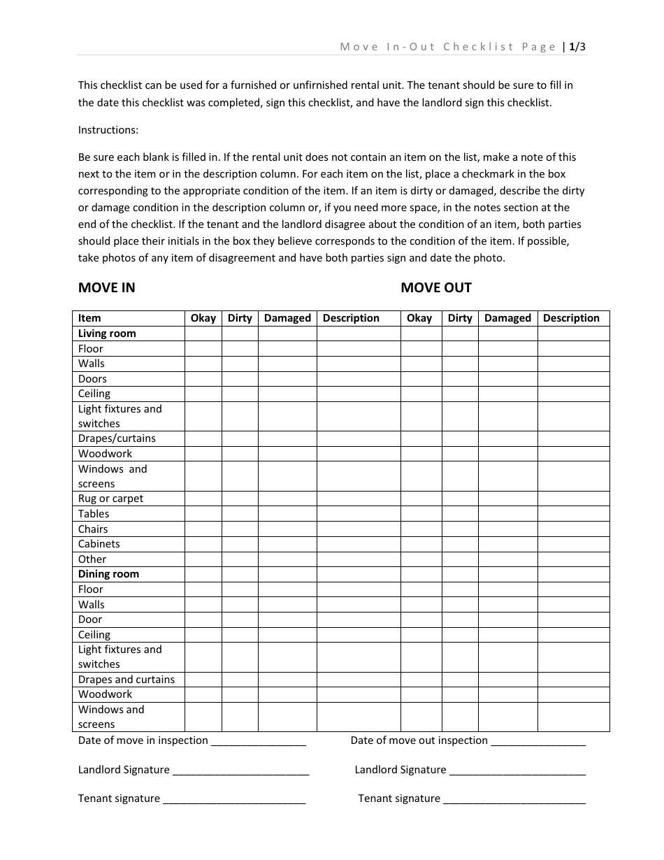 Move In-Out Checklist Template, Page 1