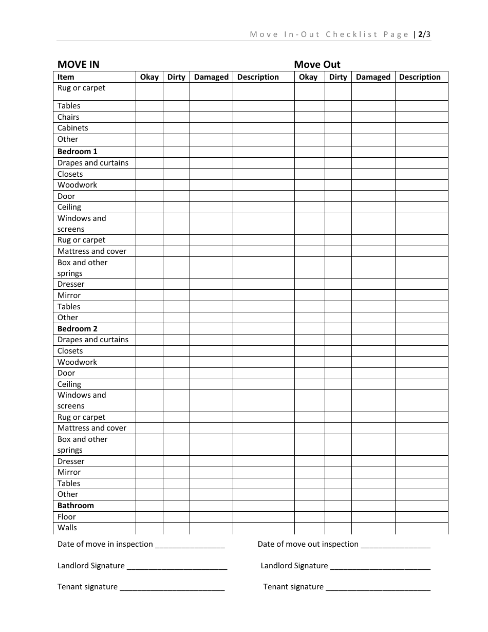 Move In-Out Checklist Template - Fill Out, Sign Online and Download PDF ...