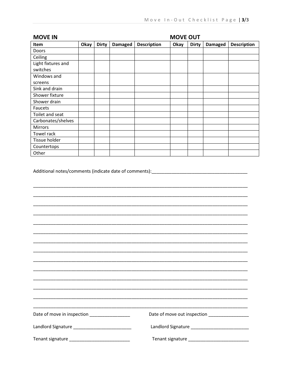 Move In-Out Checklist Template, Page 3