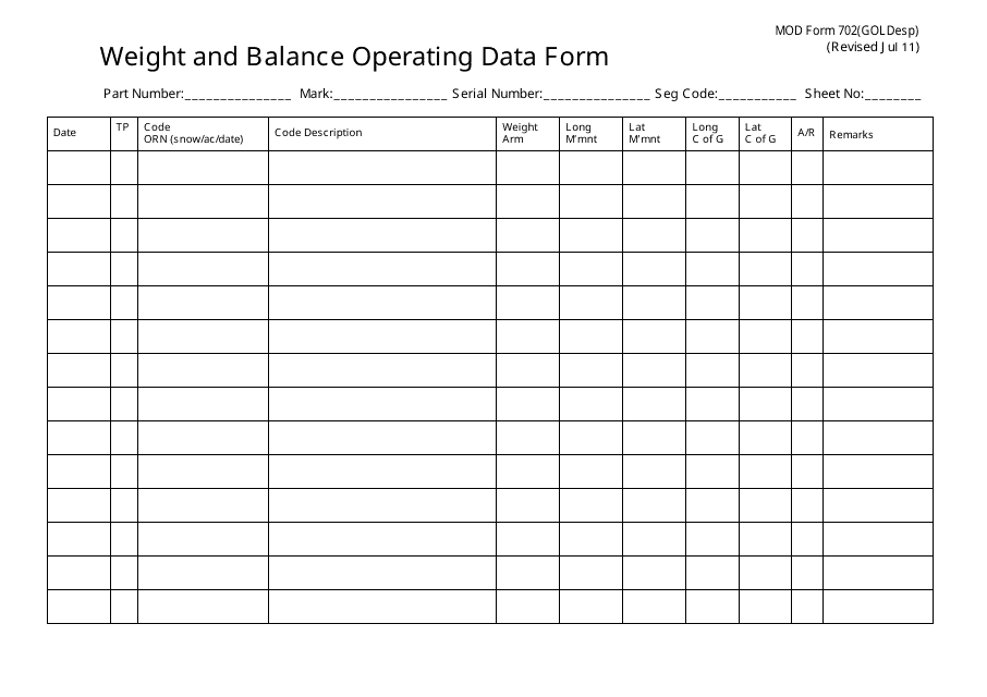 Form 702(GOLDESP) Weight and Balance Operating Data Form - United Kingdom