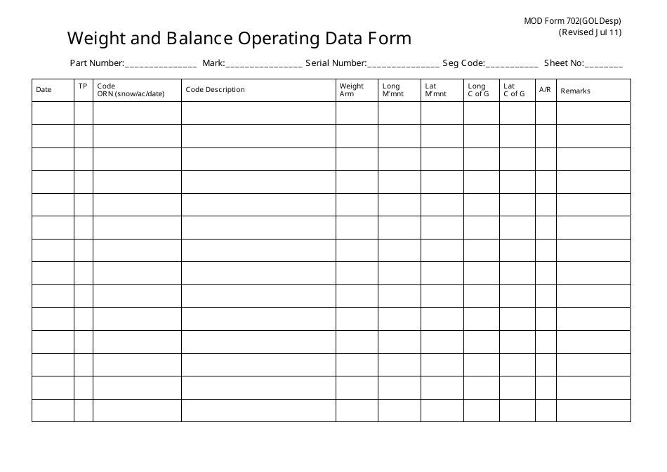 Form 702(GOLDESP) Weight and Balance Operating Data Form - United Kingdom, Page 1
