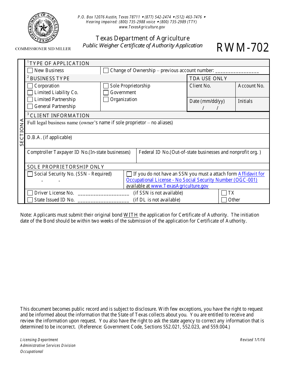 Form RWM-702 Public Weigher Certificate of Authority Application - Texas, Page 1