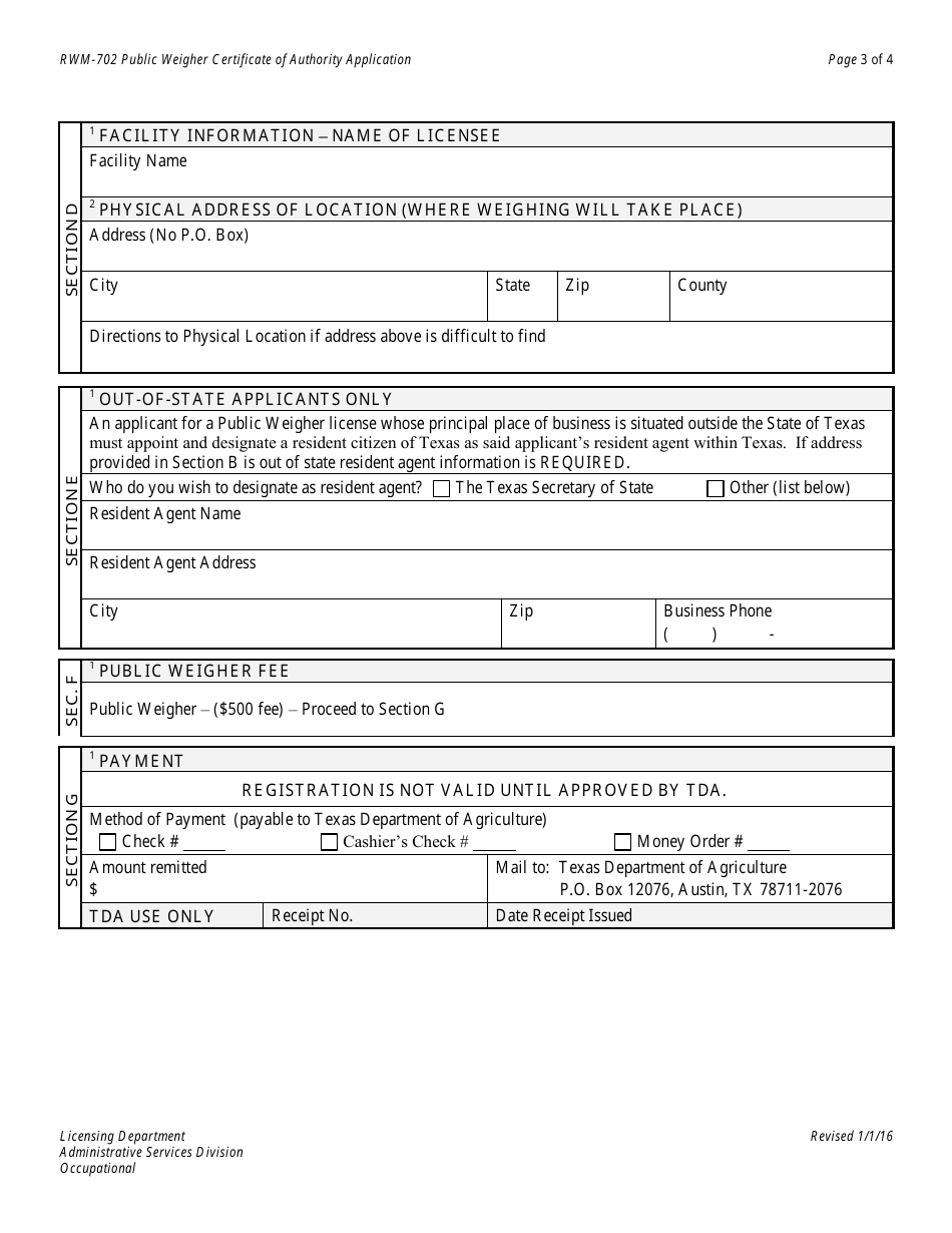 Form RWM-702 Public Weigher Certificate of Authority Application - Texas, Page 3
