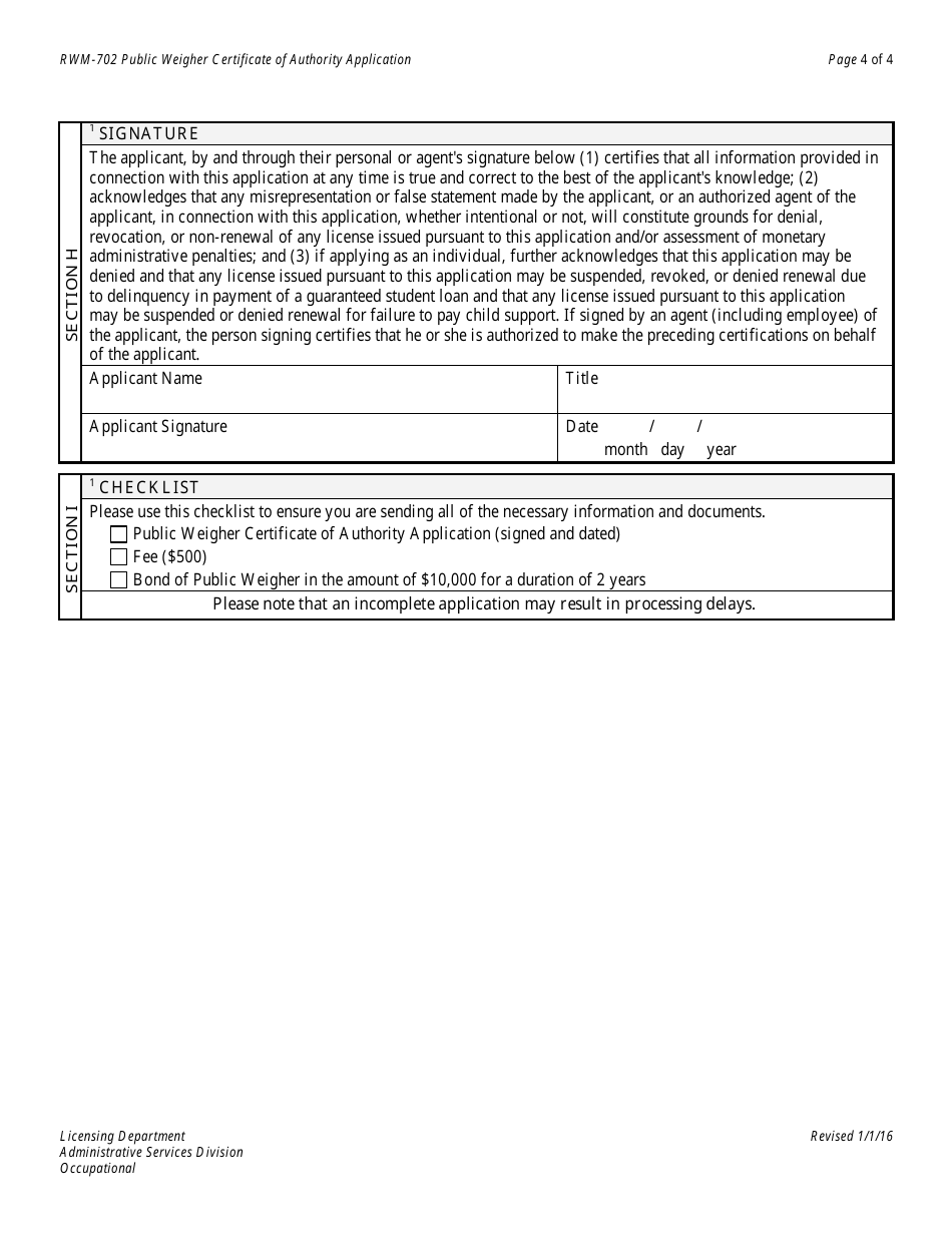 Form RWM-702 Public Weigher Certificate of Authority Application - Texas, Page 4