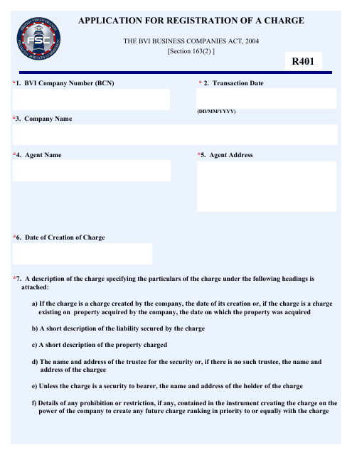 Form R401 Application for Registration of a Charge - British Virgin Islands