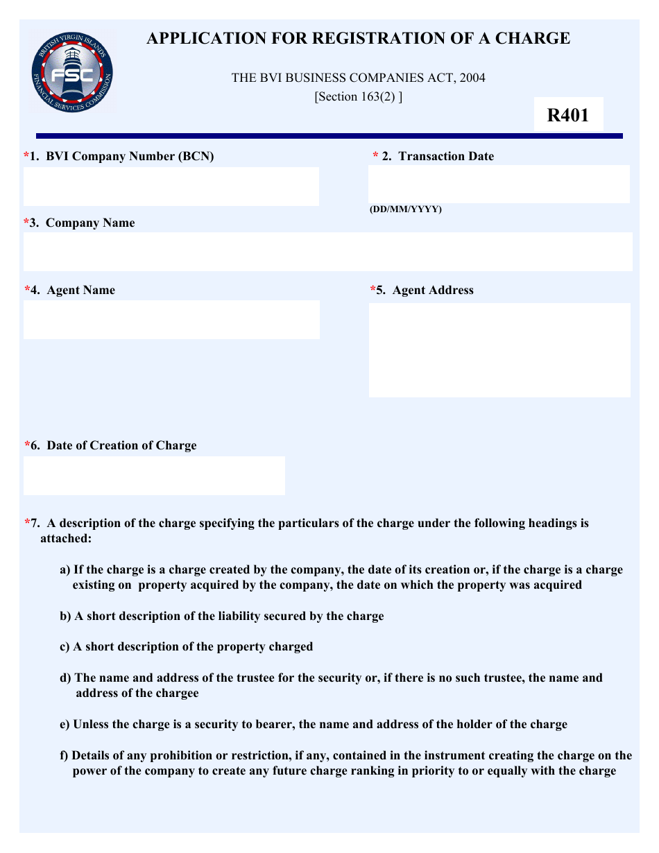 Form R401 Application for Registration of a Charge - British Virgin Islands, Page 1