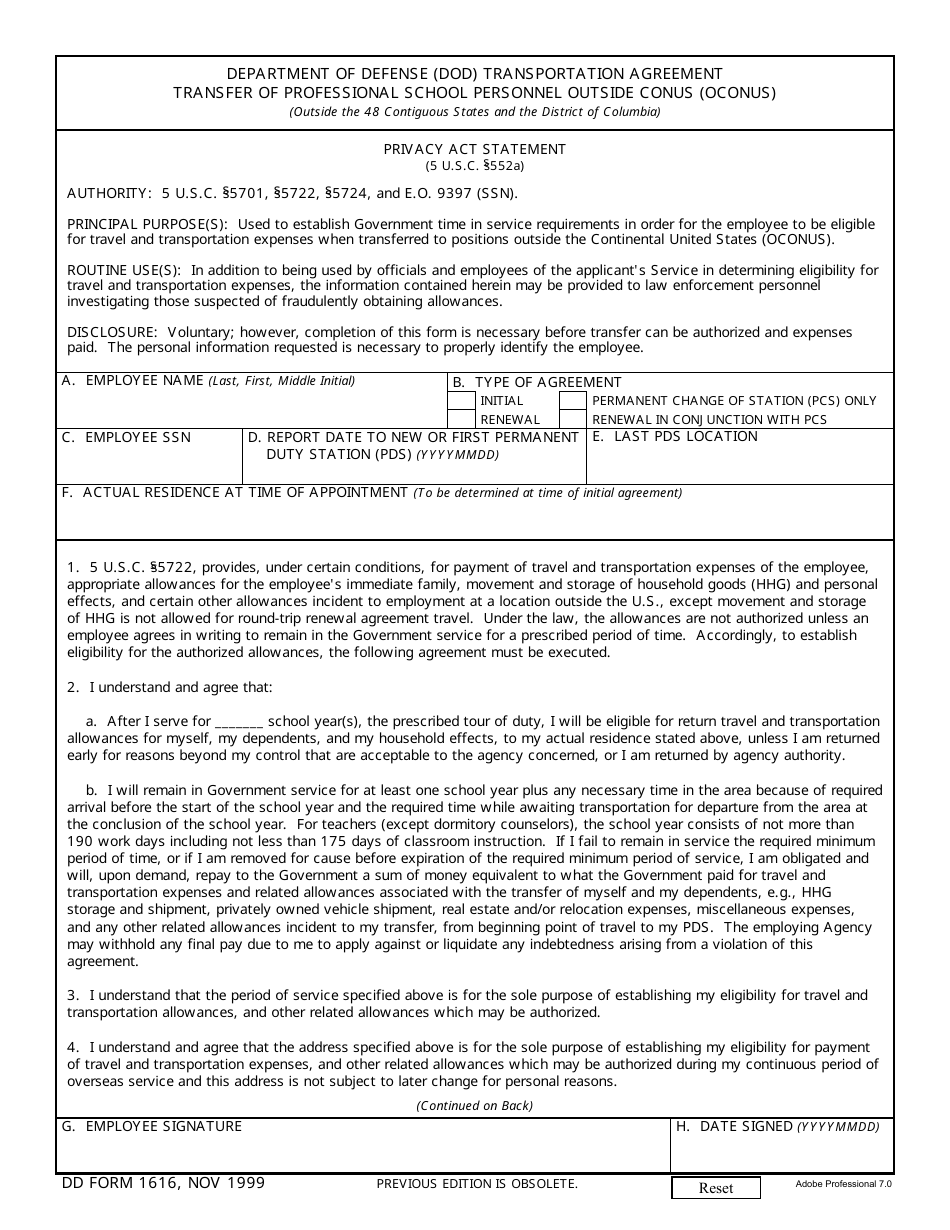 DD Form 1616 Department of Defense (DoD) Transportation Agreement Transfer of Professional School Personnel Outside Conus (OCONUS), Page 1