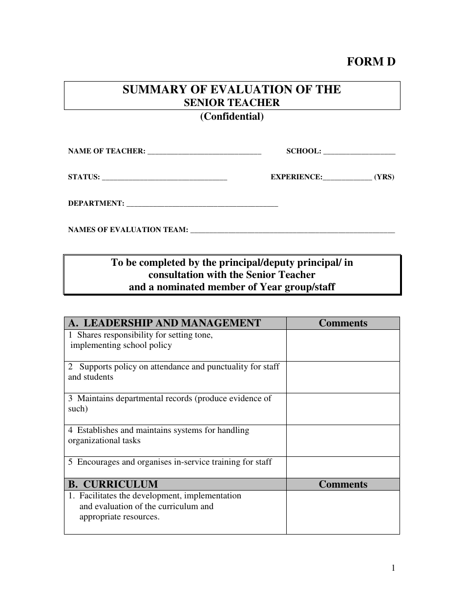 Form D Summary of Evaluation of the Senior Teacher - Barbados, Page 1