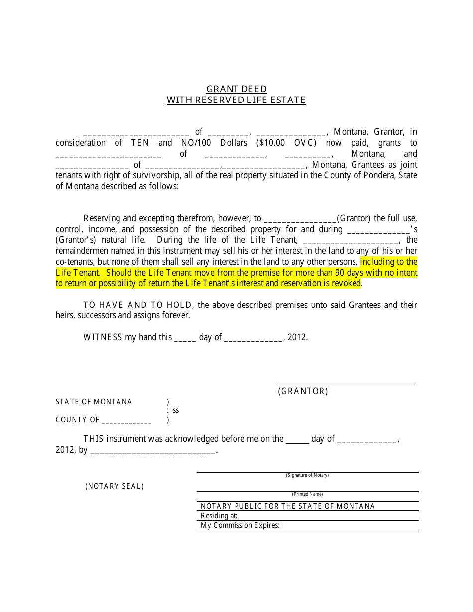 Montana Grant Deed With Reserved Life Estate Fill Out, Sign Online