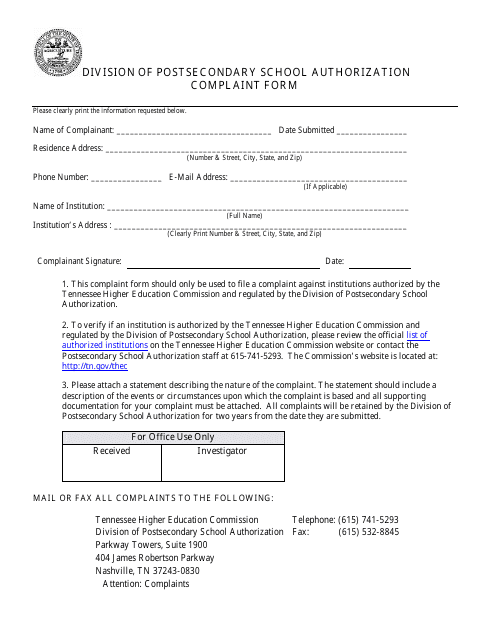 "Division of Postsecondary School Authorization Complaint Form" - Tennessee Download Pdf
