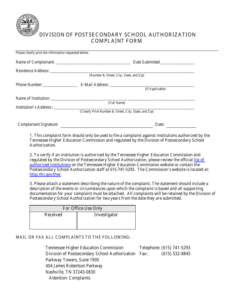 Division of Postsecondary School Authorization Complaint Form - Tennessee, Page 1