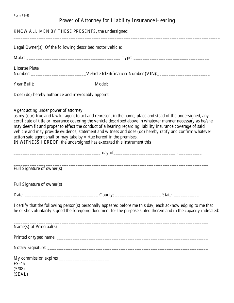 Form FS-45 Power of Attorney for Liability Insurance Hearing - North Carolina, Page 1