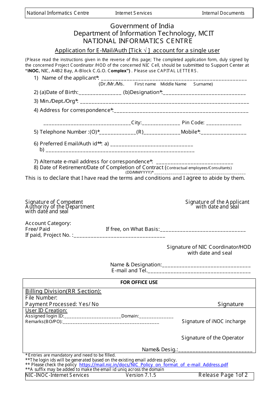 Application Form for E-Mail / Auth - Account for a Single User - India, Page 1
