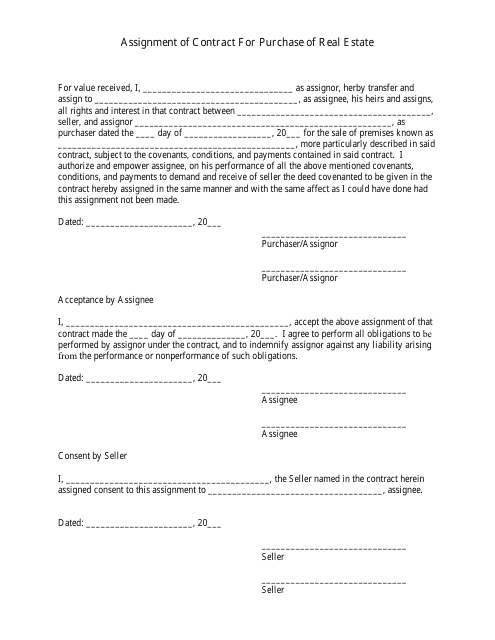 &quot;Assignment of Contract for Purchase of Real Estate&quot; Download Pdf