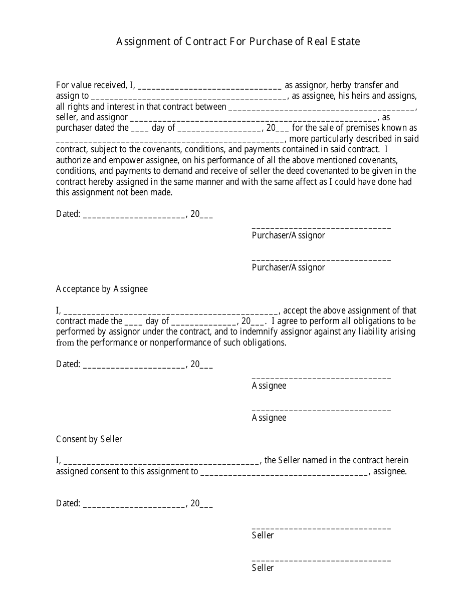 Assignment of Contract for Purchase of Real Estate Download In contract assignment agreement template