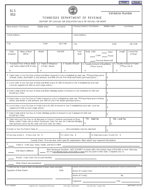 Form SLS953 Report of Casual or Isolated Sale of Vessel or Boat - Tennessee