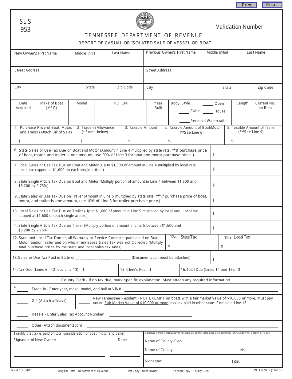 Form SLS953 Report of Casual or Isolated Sale of Vessel or Boat - Tennessee, Page 1