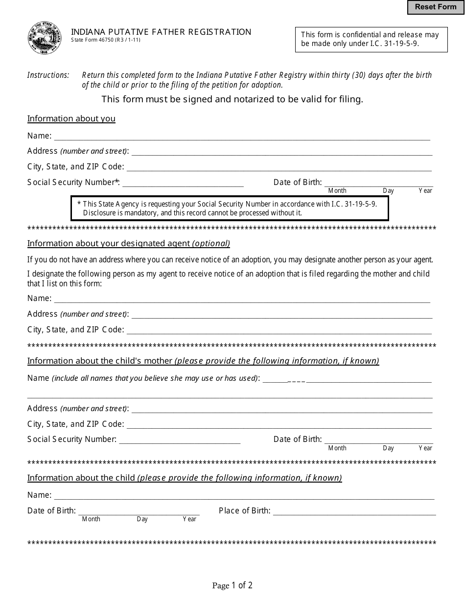 State Form 46750 Indiana Putative Father Registration - Indiana, Page 1