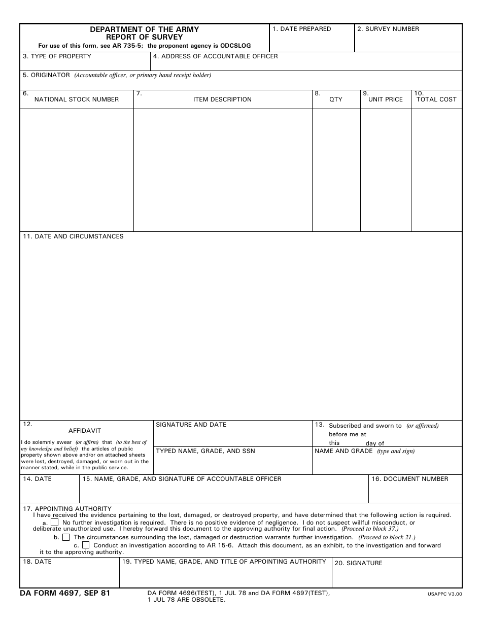 DD Form 4697 Report of Survey, Page 1