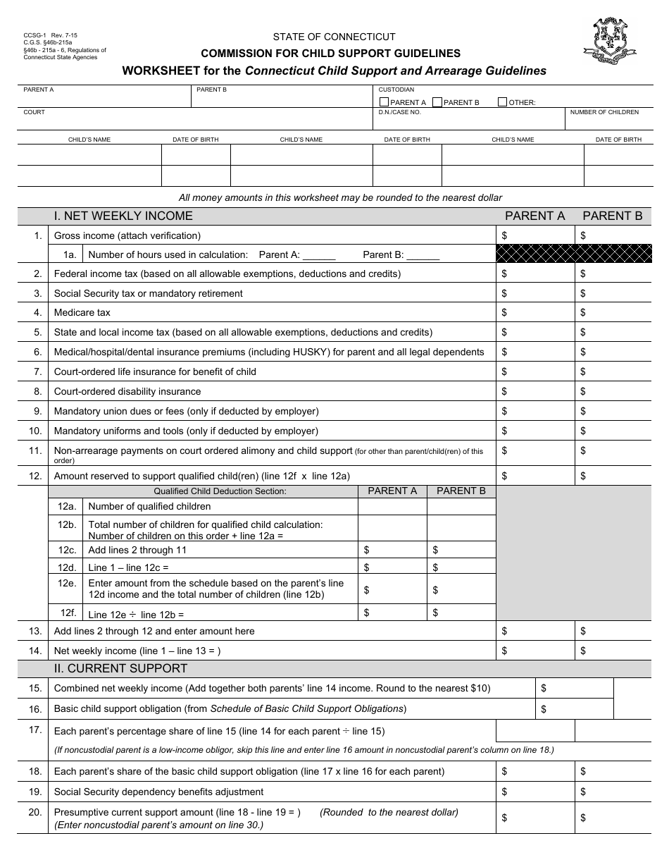 Form CCSG-1 Worksheet for the Connecticut Child Support and Arrearage Guidelines - Connecticut, Page 1