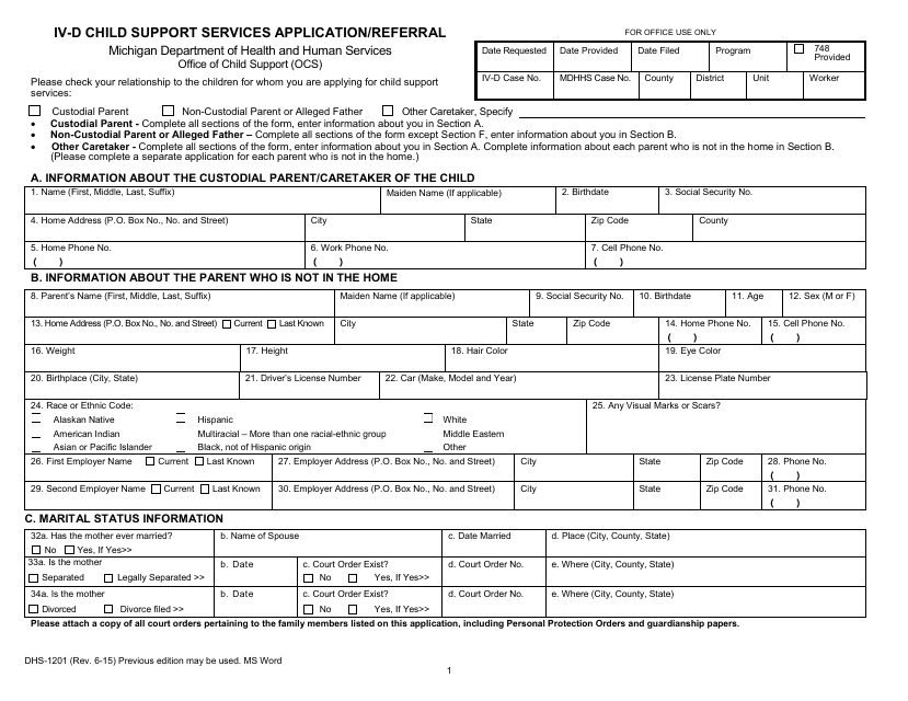 Form DHS-1201  Printable Pdf