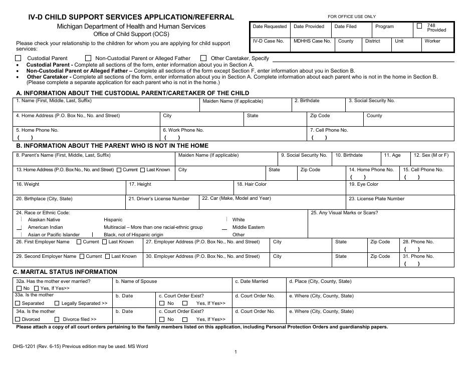 Form DHS-1201 Ivd Child Support Services Application or Referral - Michigan, Page 1