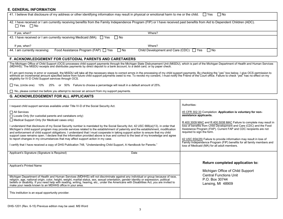 Form DHS-1201 Ivd Child Support Services Application or Referral - Michigan, Page 3