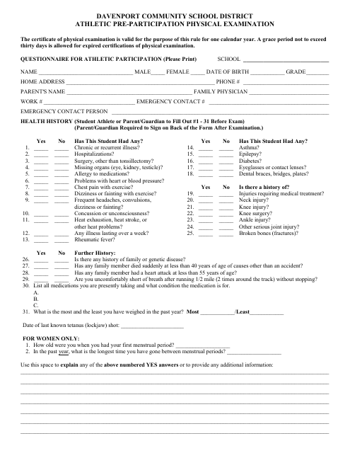Athletic Pre-participation Physical Examination Form - Davenport Community School District