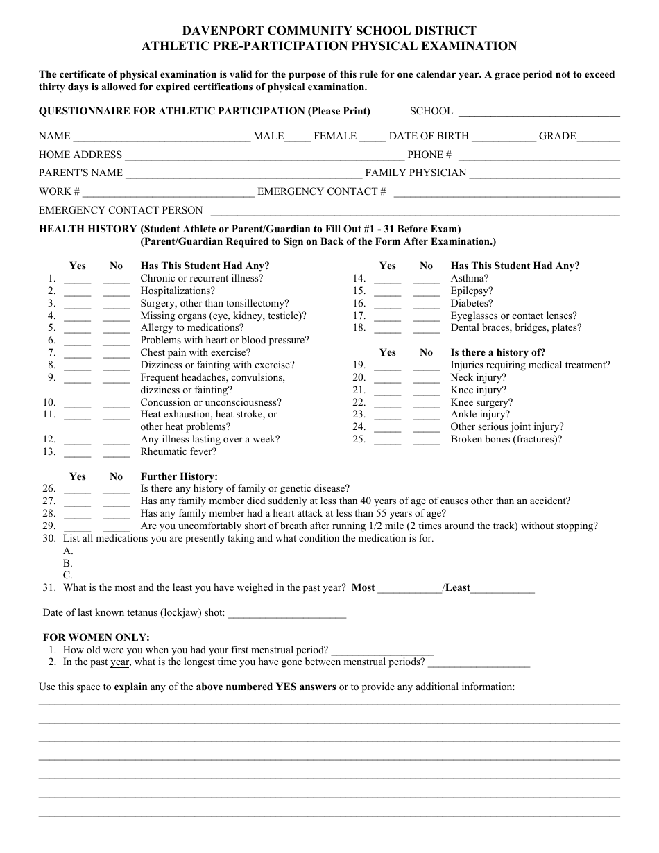 Athletic Pre-participation Physical Examination Form - Davenport Community School District, Page 1