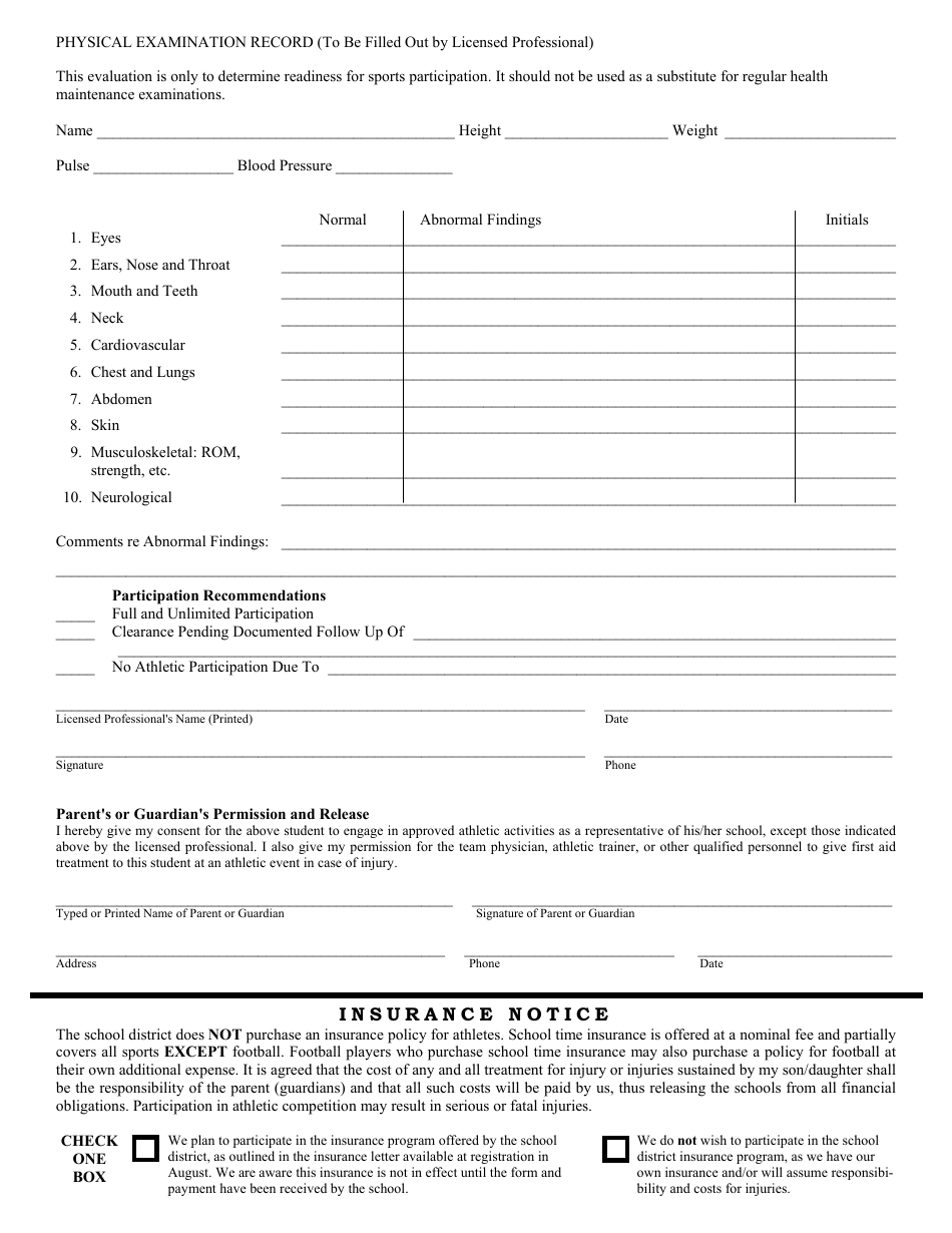 Athletic Pre-participation Physical Examination Form - Davenport ...