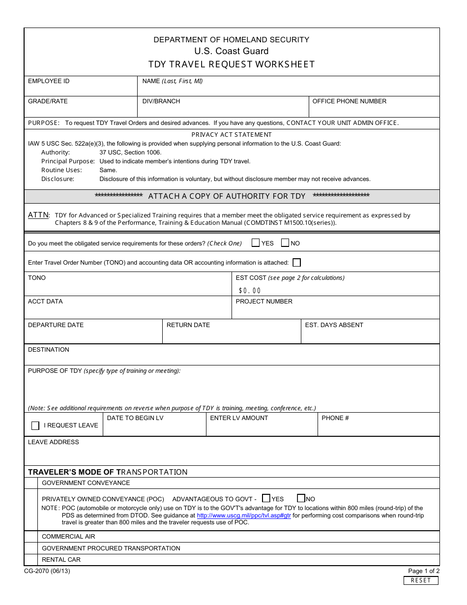 Form CG-2070 TDY Travel Request Worksheet, Page 1