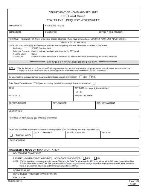 Form CG-2070 Download Fillable PDF, TDY Travel Request Worksheet ...