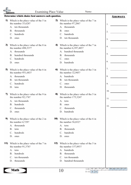 Preview of an Examining Place Value Worksheet Including Answer Key