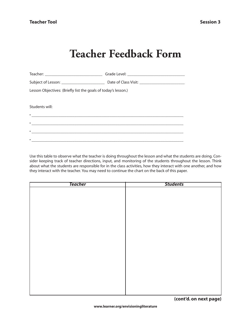 Teacher Feedback Form, Page 1