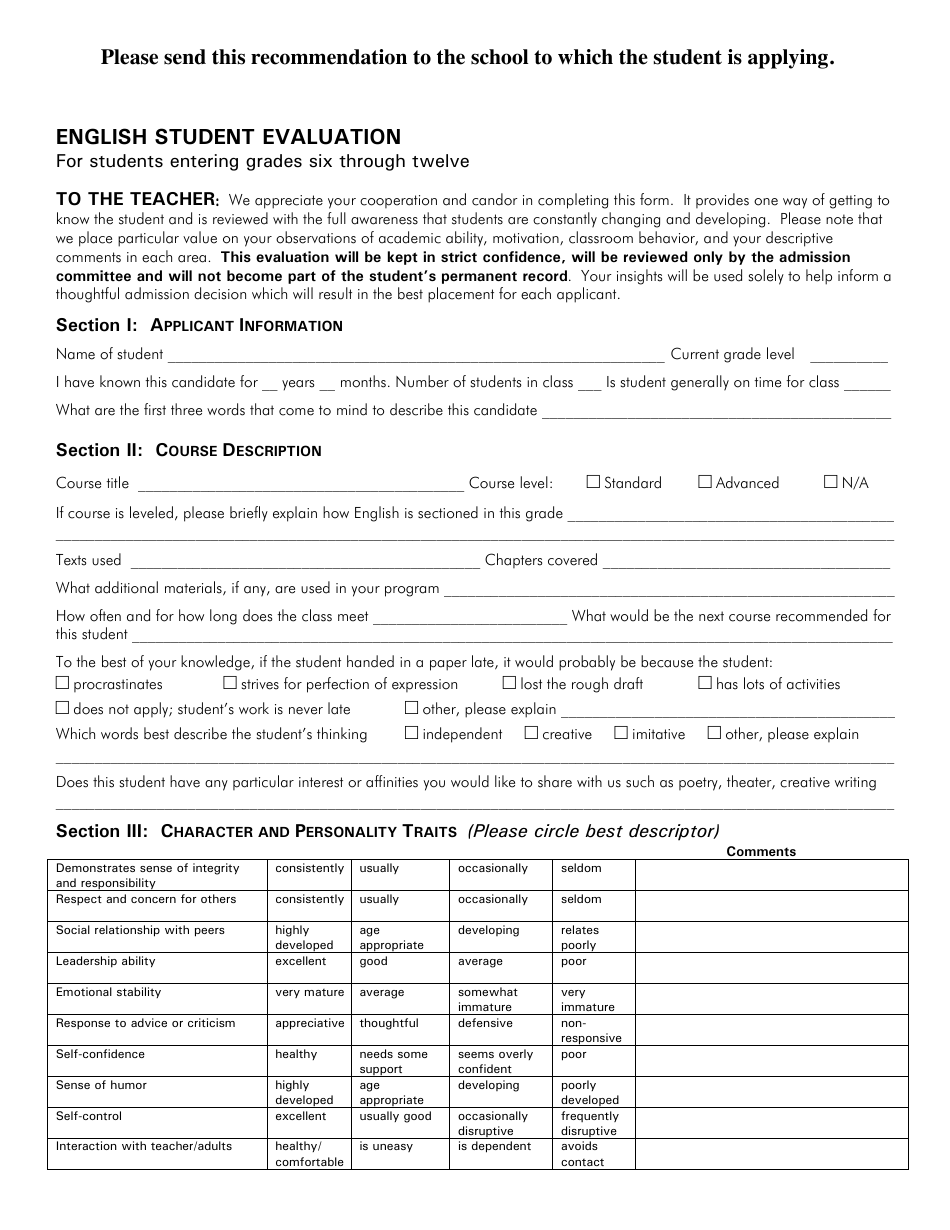 English Student Evaluation Form - Grades 6-12 - Aisne, Page 1