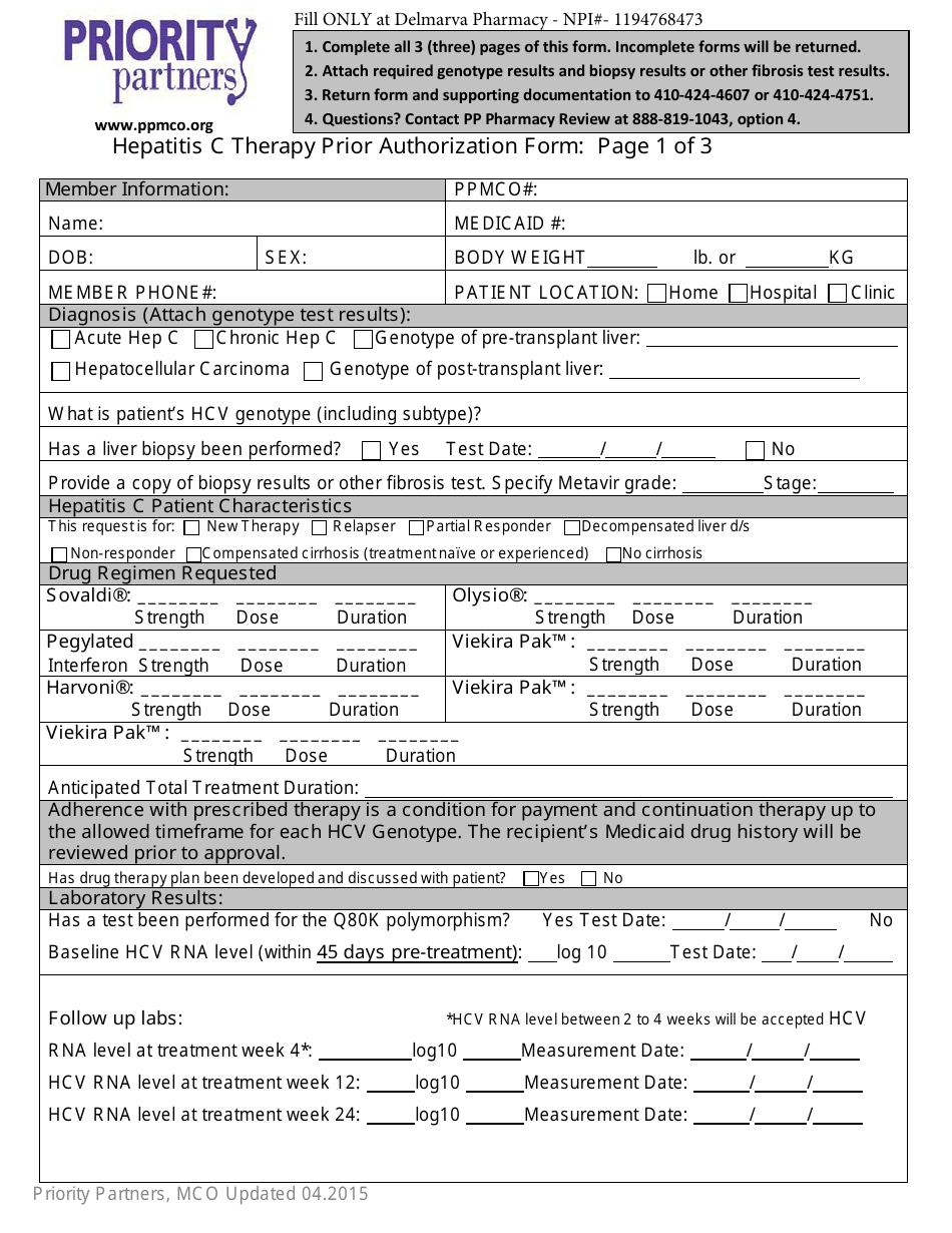 Hepatitis C Therapy Prior Authorization Form - Priority Partners, Page 1