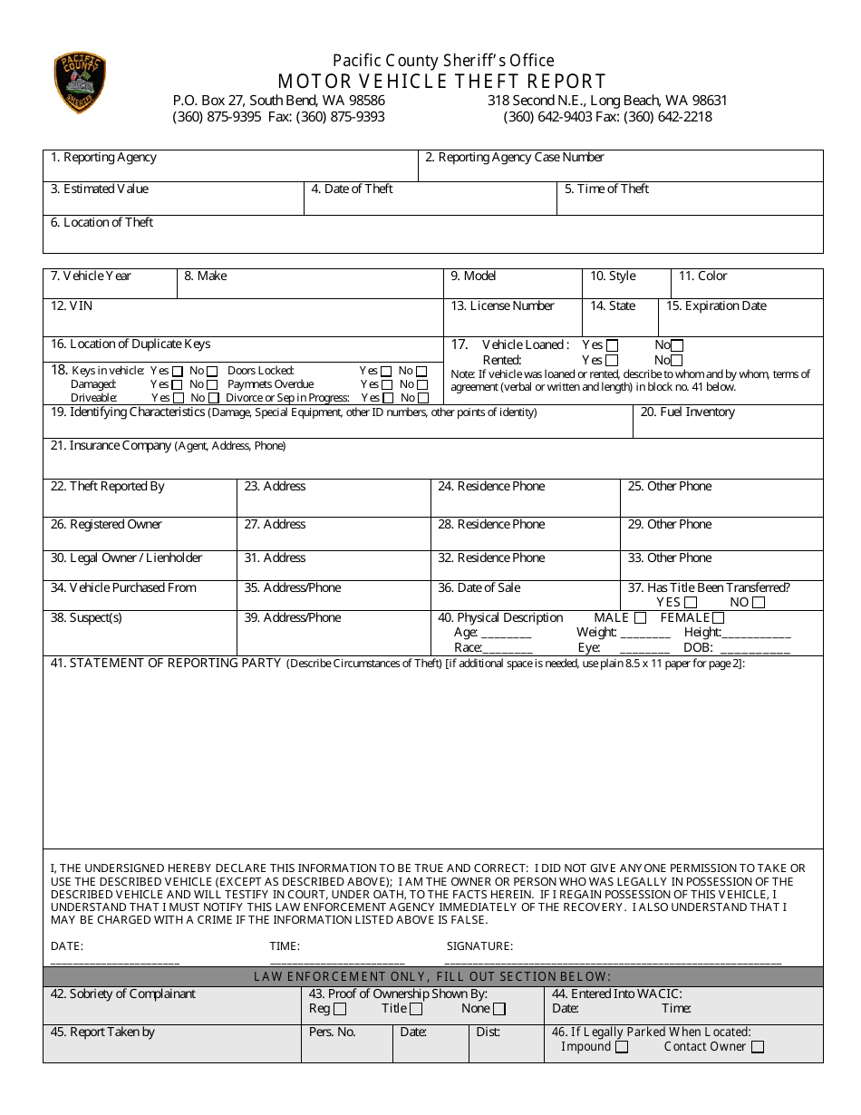 Motor Vehicle Theft Report Form - Pacific County, Washington, Page 1