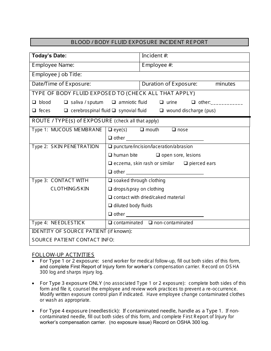 Blood / Body Fluid Exposure Incident Report Form, Page 1