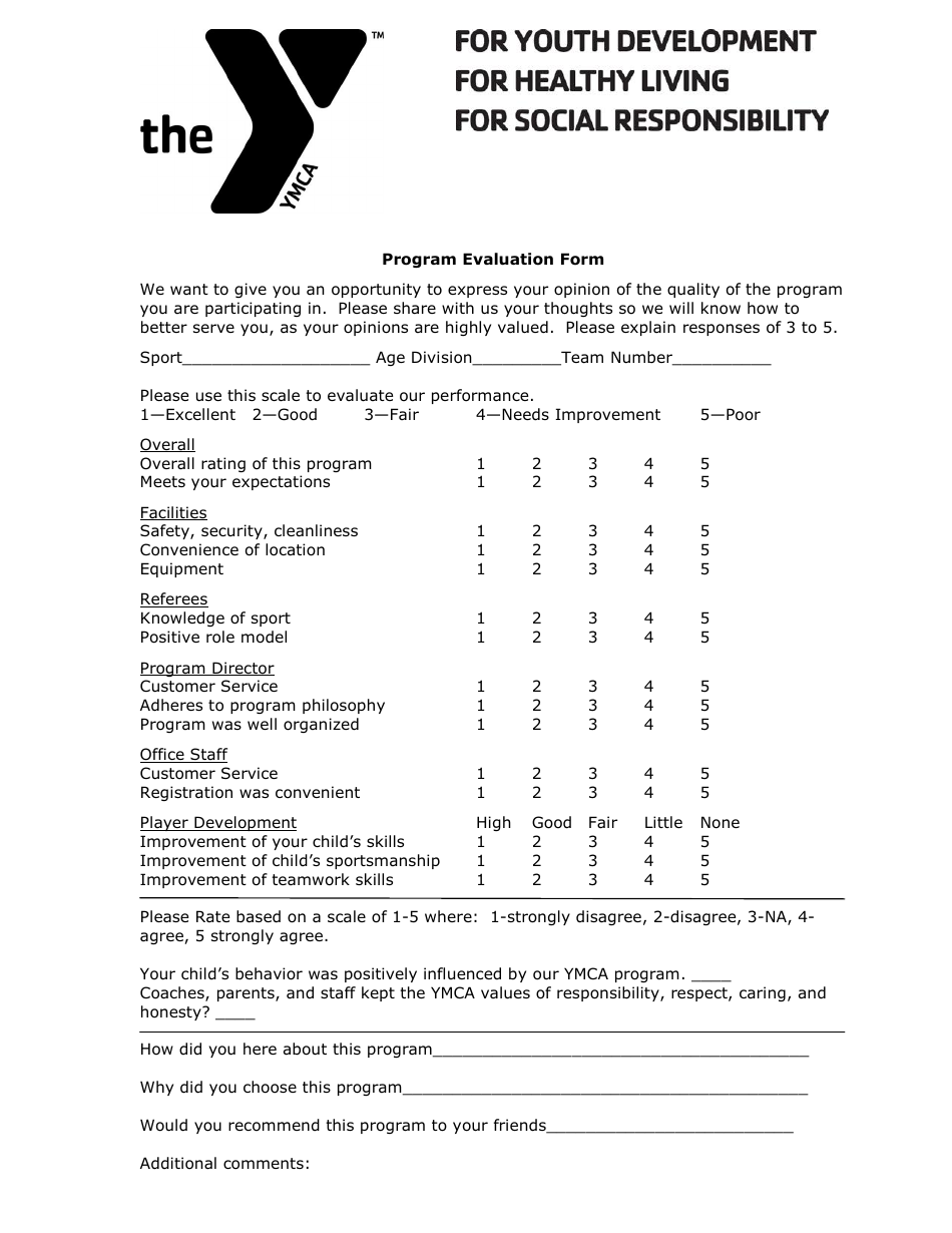 Program Evaluation Form - Ymca, Page 1