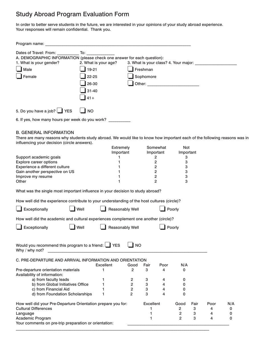 Study Abroad Program Evaluation Form - Different Points, Page 1