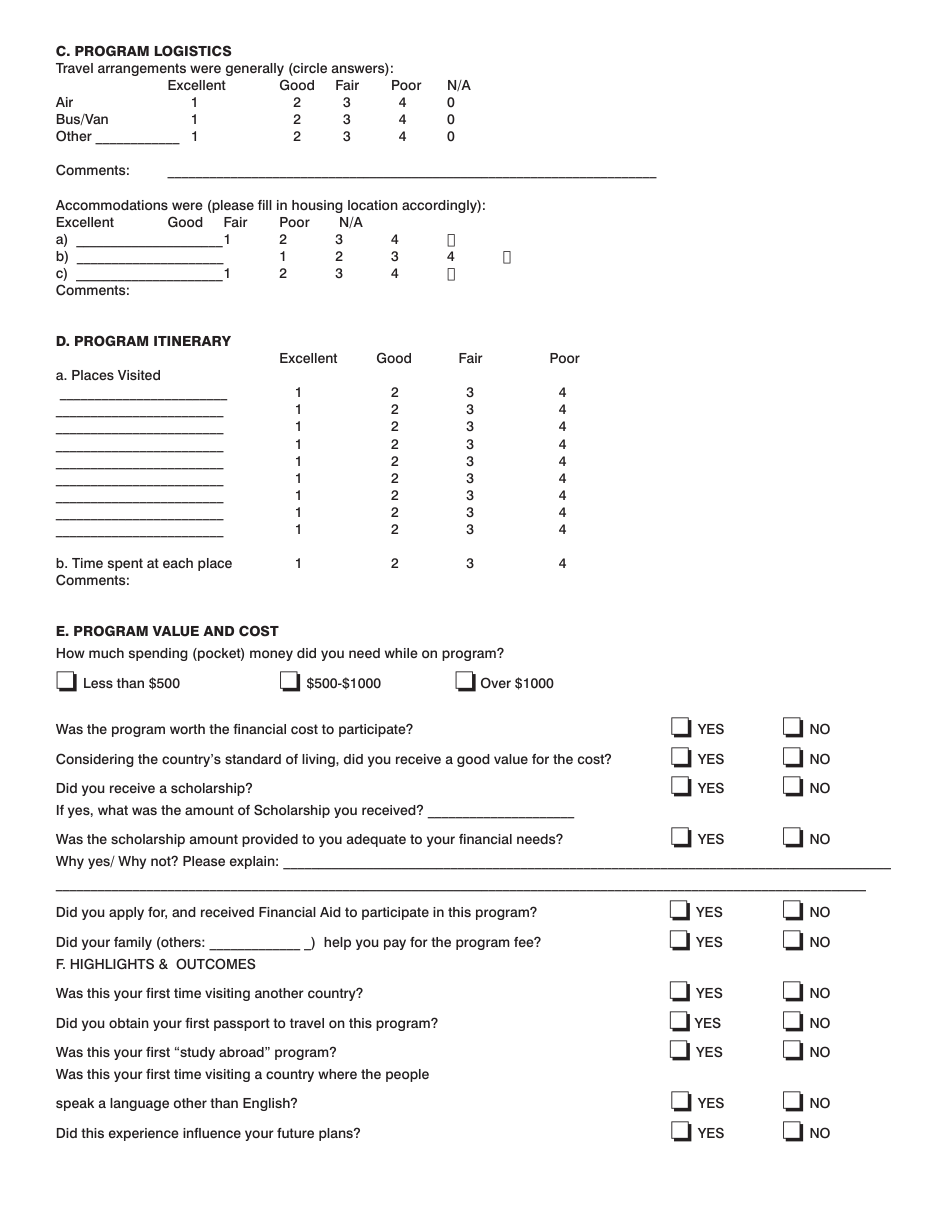 Study Abroad Program Evaluation Form - Different Points Download ...