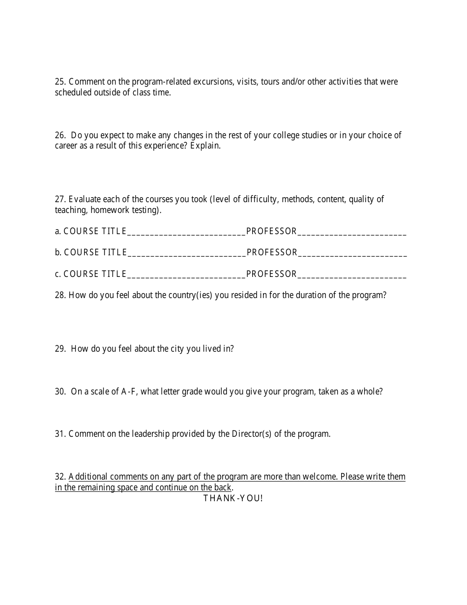 Study Abroad Program Evaluation Form - Questions, Page 3