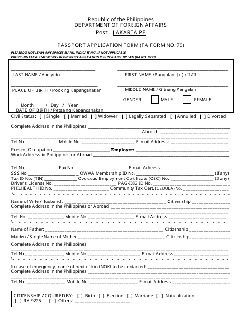 FA Form NO. 79 Passport Application Form - Jakarta Pe - Philippines